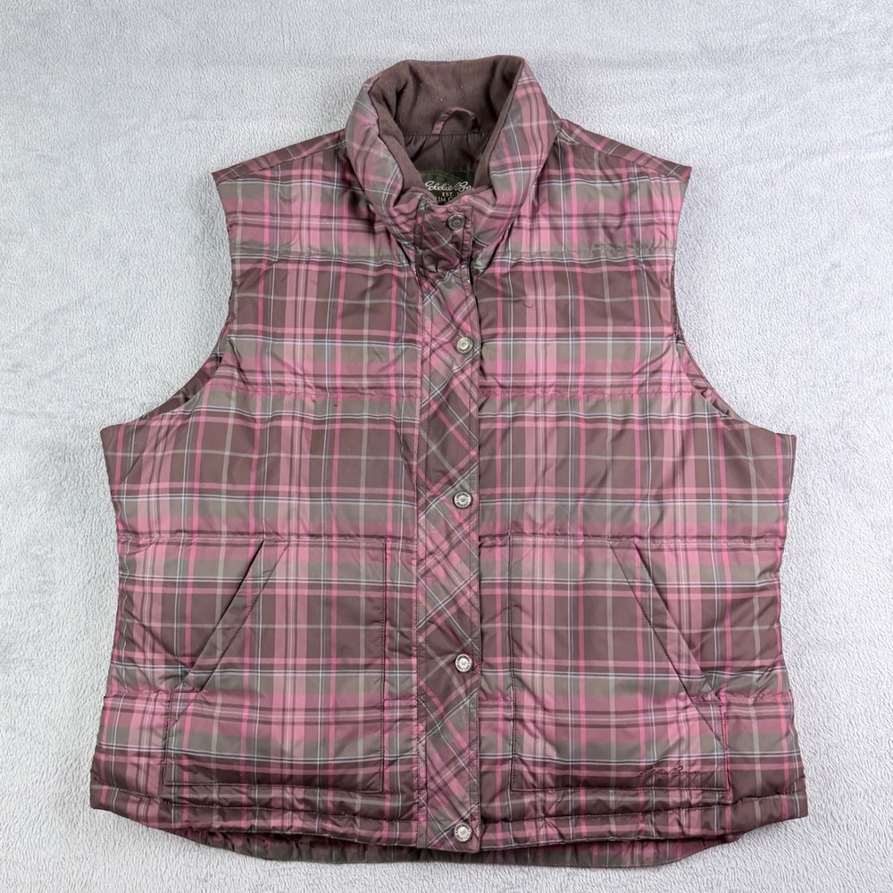 Eddie Bauer Premium Goose Down Puffer Vest Pink Brown Plaid Quilted Womens XL